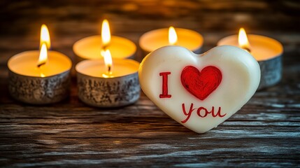 Wall Mural - charming arrangement of concept candles spelling I love you with a red heart, set against a wooden backdrop with a cozy, intimate feel