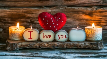 Wall Mural - charming arrangement of concept candles spelling I love you with a red heart, set against a wooden backdrop with a cozy, intimate feel