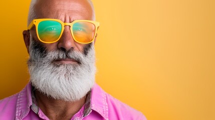 Stylish older man with gray beard and colorful glasses poses against a vibrant yellow background