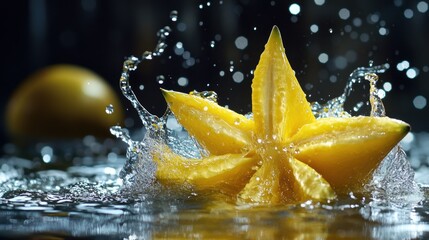 Vibrant Star Fruit Splash in Refreshing Water with Droplets