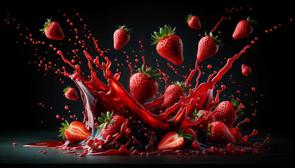 Splashes of strawberry juice and strawberries on a black background. Design. Menu.	 Copy space.