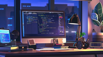 Wall Mural - A visual of a developer's desk with a computer displaying complex programming code and debugging tools in use