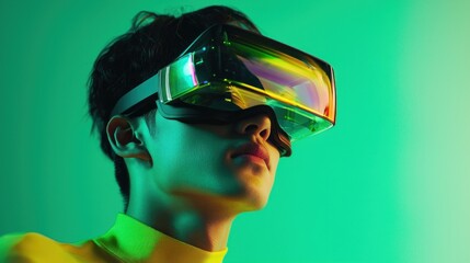 Wall Mural - A Man Wearing Futuristic Virtual Reality Glasses Against a Green Background