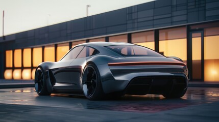 Poster - Capture the sleek, modern design of an electric vehicle concept car, featuring innovative materials and aerodynamic shapes.