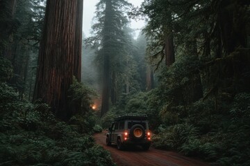 An SUV is seen driving on a dirt path through a misty, ancient redwood tree forest, accompanied by the soft glow of light coming through the thick and majestic trees.