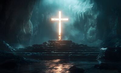 “A Cross Made of White Marble Glowing in the Dark Cave, Creating a Mystical and Sacred Atmosphere with a Contrast of Light and Shadow, Symbolizing Spiritual Illumination and Reverence”
