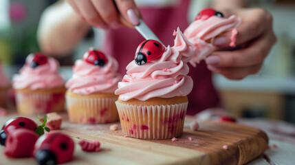 Cupcakes being decorated with pink frosting and chocolate chips, placed on a wooden board in a home kitchen.