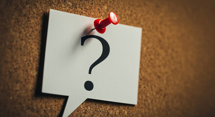 Poster - Question mark note pinned on a cork board with a red push pin