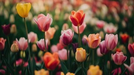 Sticker - Close-up of a field of tulips with their vibrant colors and elegant shapes, creating a striking visual in the heart of spring.