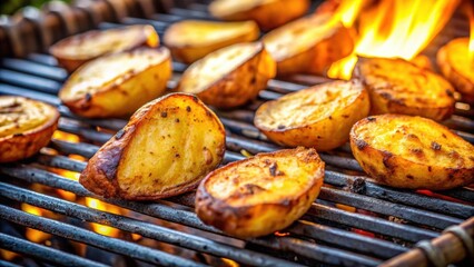 Wall Mural - Close-up of delicious fried potatoes being grilled, grill, food, close-up, cooking, barbecue, crispy, potato, tasty, hot