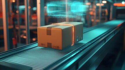 Poster - a photograph of a package or carton being transported on a conveyor belt in an industrial logistics 