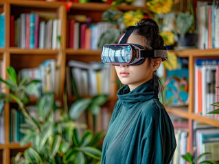 Wall Mural - A woman wearing a green shirt stands in front of a bookshelf. She is wearing a virtual reality headset and she is looking at a book. Concept of curiosity and exploration