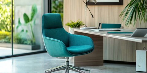 Poster - Teal office chair next to wooden desk.