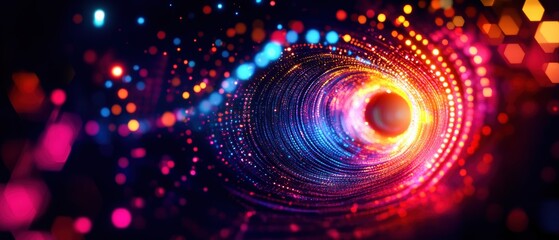 Aufkleber - Swirling vortex of 3D polygons, forming a gateway to another dimension, with bright colors and complex geometry emphasizing the digital transformation