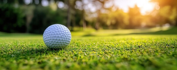 A close-up view of a golf ball resting on lush green grass under warm sunlight, capturing the essence of a perfect day for golfing.