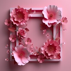 Canvas Print - 3d pink frame with paper flowers, pink background