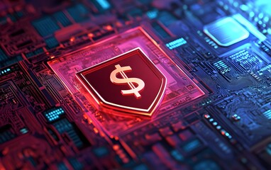 Poster - Digital security concept with a dollar sign shield on a futuristic circuit board, symbolizing financial protection and cybersecurity.