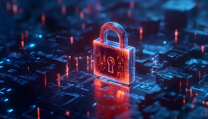 Poster - Futuristic digital padlock on a circuit board, symbolizing cyber security and data protection in a technological landscape.
