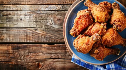 A plate of fresh  hot  crispy fried chicken on a blue plaid towel on a wood table