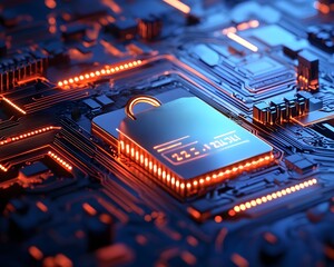 Poster - Glowing microchip on circuit board with complex electronic design, showcasing innovation in technology and modern electronics.