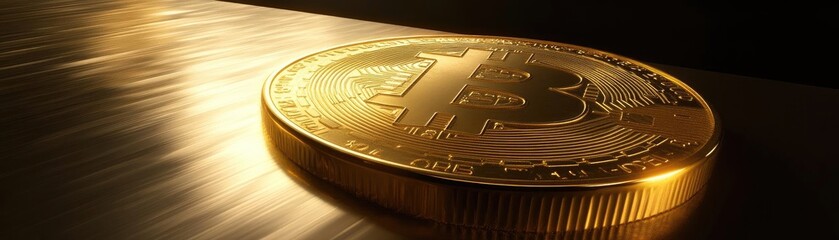 A close-up view of a shiny gold bitcoin on a metallic surface, symbolizing modern cryptocurrency and digital finance.