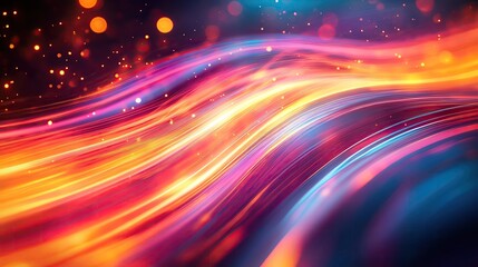 Poster - Vibrant abstract background featuring flowing waves of color with glowing particles, perfect for creative design projects.