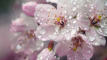 Wall Mural - Close-up of raindrops on a blooming cherry blossom tree, with the gentle rain accentuating the delicate beauty of the flowers