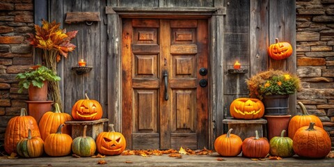 Wall Mural - Halloween pumpkins adorning a rustic wooden door, pumpkins, Halloween, autumn, fall, seasonal, decoration, wooden door