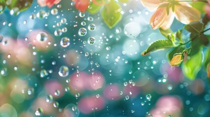 Poster - Close-up of raindrops on a windowpane with a spring garden in the background, capturing the peaceful atmosphere of a rainy day