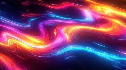 Poster - Vibrant abstract background with flowing waves of neon colors in bright pink, blue, and orange, creating a dynamic visual effect.