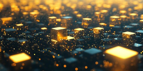 Wall Mural - Glowing golden cubes with bokeh lights.