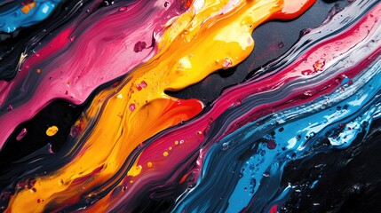 Poster - Vibrant abstract painting with flowing colors of orange, pink, blue, and black, creating a dynamic and energetic visual experience.