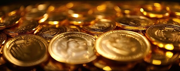 Wall Mural - A close-up view of shiny gold coins stacked together, reflecting light and creating an eye-catching metallic texture.