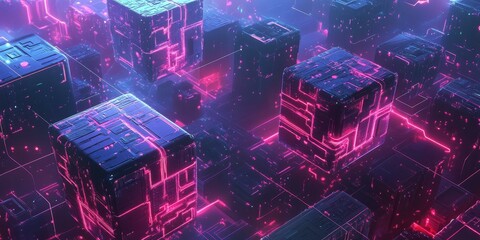 Wall Mural - Neon lights illuminate futuristic city blocks.