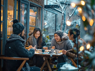 A group of people are sitting around a table in the snow, enjoying each other's company. They are all wearing hats and are smiling. There are cups and plates on the table