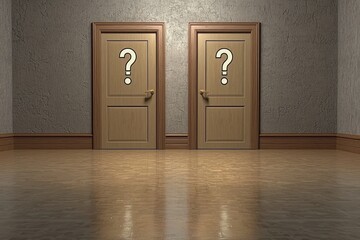 An empty room with 2 closed doors that are labelled with a question mark icon, the concept of making a decision 