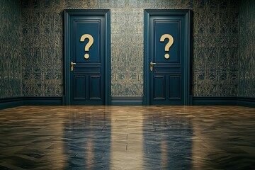 An empty room with 2 closed doors that are labelled with a question mark icon, the concept of making a decision 