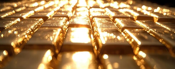 Wall Mural - A close-up view of glistening gold bars reflecting light, symbolizing wealth and luxury in a stunning visual display.