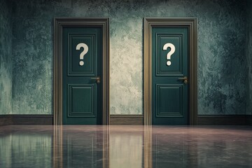 Wall Mural - An empty room with 2 closed doors that are labelled with a question mark icon, the concept of making a decision 