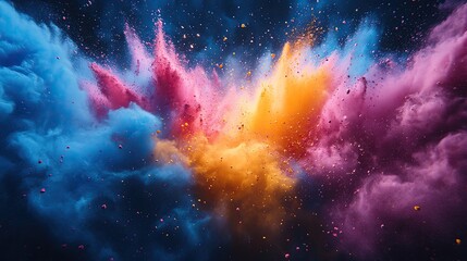 Poster - Vibrant explosion of colored powder creating a stunning abstract design in blue, pink, and orange hues against a dark background.