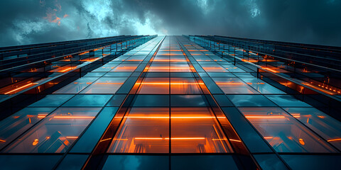 A tall building featuring numerous windows reflecting the surrounding environment under a clear blue sky.