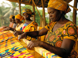 Canvas Print - A group of women are weaving a colorful fabric. The women are wearing colorful clothing and are sitting on the ground. The scene is lively and colorful