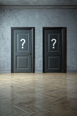 Wall Mural - An empty room with 2 closed doors that are labelled with a question mark icon, the concept of making a decision 