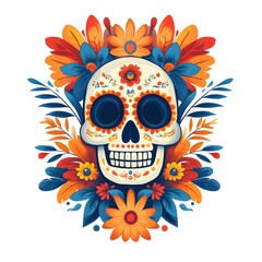 Day of the Dead greeting card featuring a skull adorned with flowers. Ideal for Dia de los Muertos celebrations and festive designs.