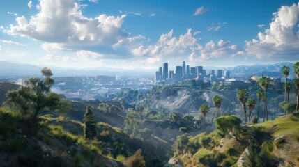 Poster - Present the Los Angeles skyline with a focus on the natural landscape surrounding the urban area