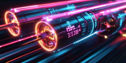 Canvas Print - Futuristic glowing metallic tubes with digital display.