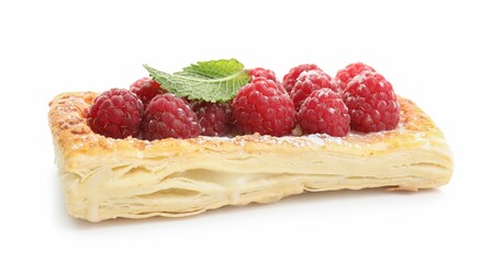 Wall Mural - Tasty puff pastry with raspberries and mint isolated on white