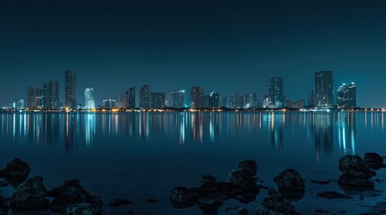 Sticker - Present the Miami skyline under a clear night sky, with the city lights reflecting on the calm waters.