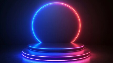 Poster - Purple neon light and a circle stage, abstract background, UV concept, rendered in 3D