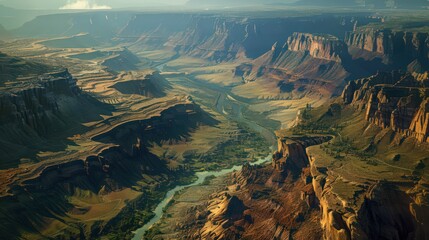 Poster - Present the natural wonder of a canyon carved by winding rivers, surrounded by towering cliffs and greenery, in an expansive aerial background